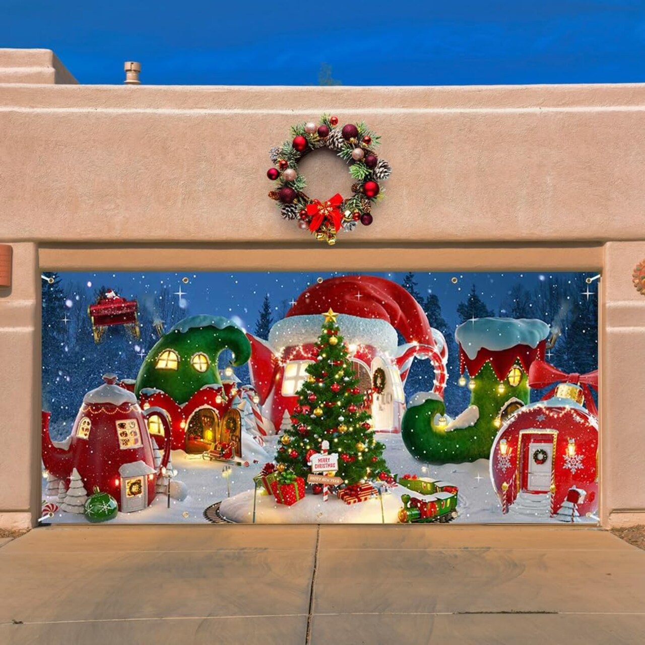 Christmas Whoville Garage Door Cover Banner, 16x7ft Holiday Outdoor Decoration with Rope, Hanging Merry Christmas Winter Xmas Tree Snow Home Festive Wall Decor Photo Backdrop Gifts